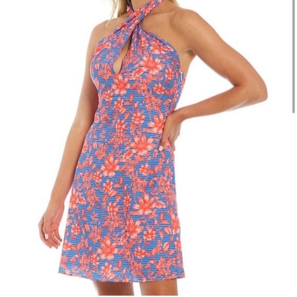 Badgley Mischka Halter Orange Blue Floral Stripe Dress Spring Delilah New - Picture 2 of 11